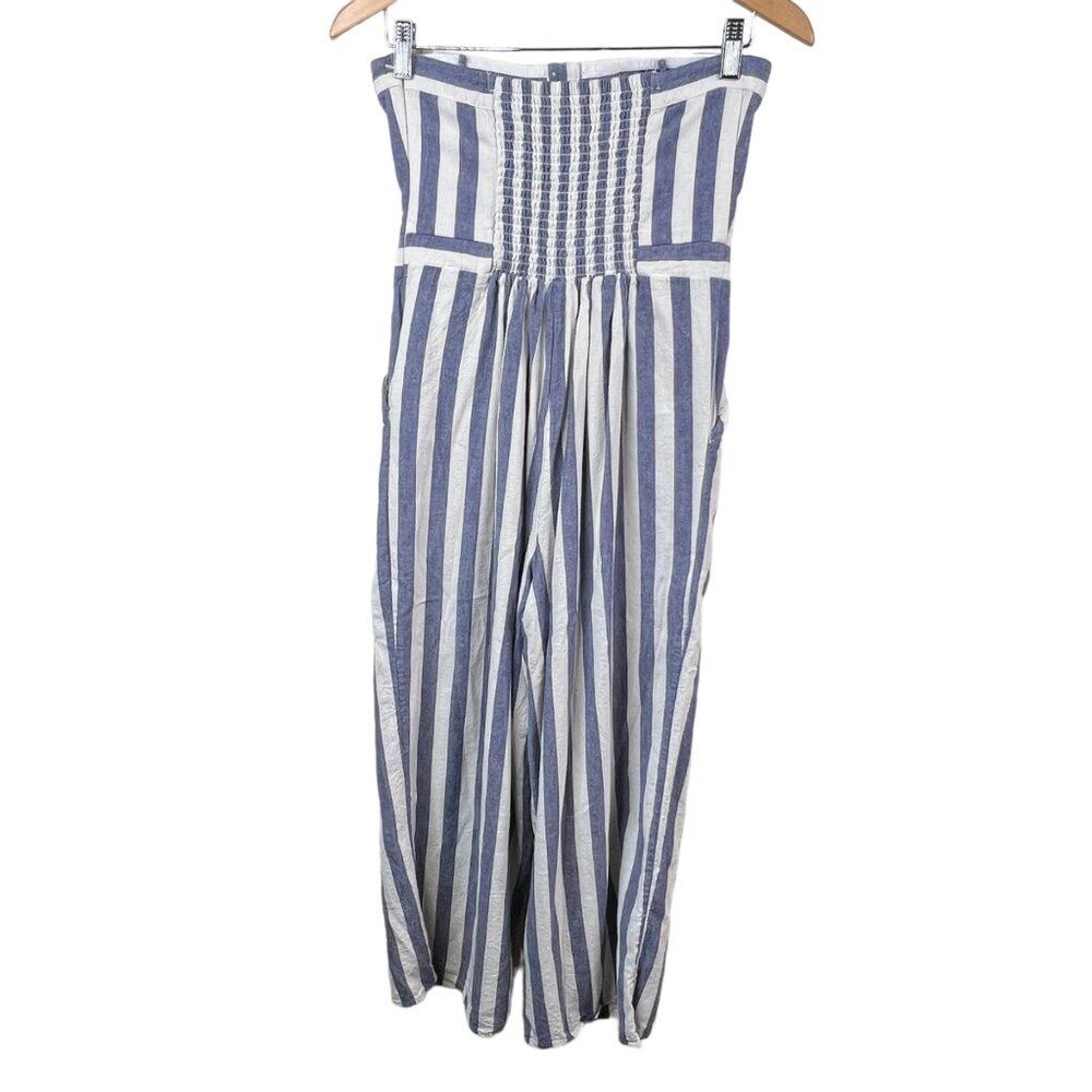 American Eagle Outfitters Jumpsuit Size Small Cropped Stripe Linen Blue White - Picture 3 of 8